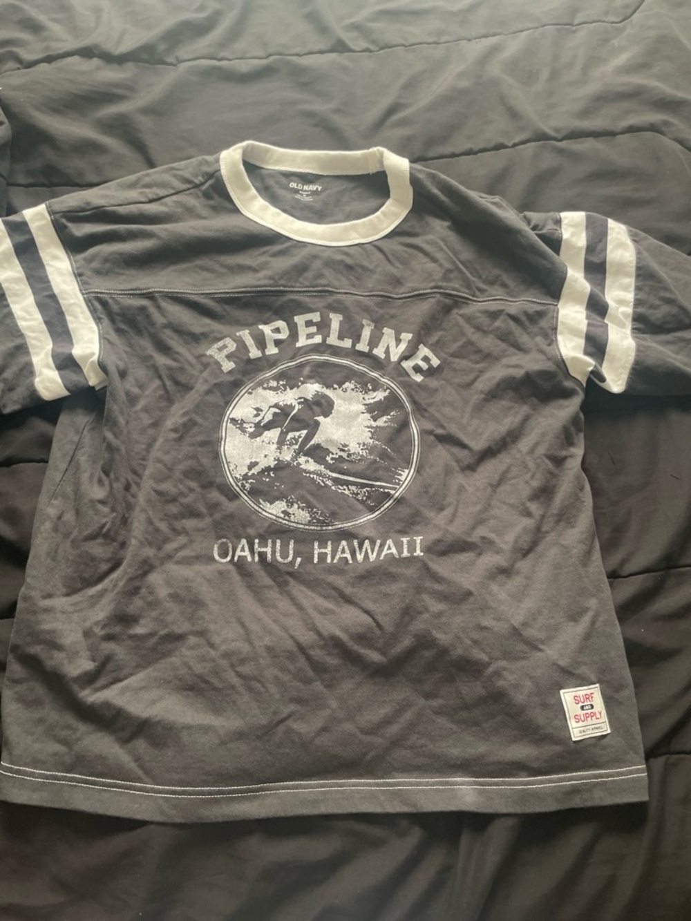 Old Navy Black and White 'Pipeline Oahu, Hawaii' Graphic Ringer Tee